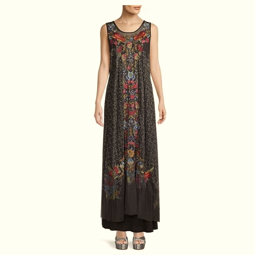 Johnny Was, Eleir printed mesh Maxi Dress Size XXL Floral Sleeveless Embroiderd